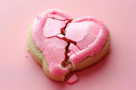 Broken heart-shaped biscuit with pink icing on pink backgroundの素材