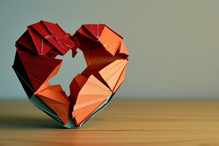 Paper origami heart on wooden table. Valentine's day concept.の素材
