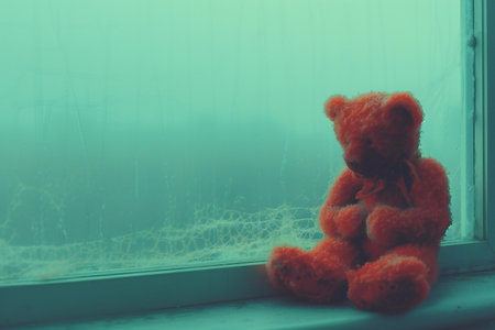 Teddy bear sitting on the windowsill. Toned image.の素材