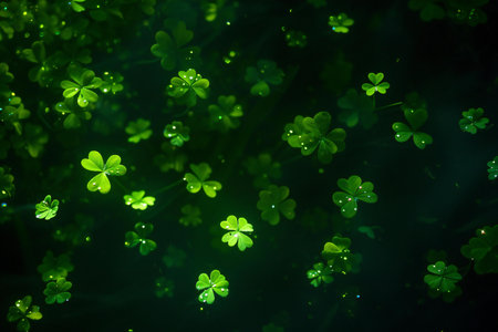 Green clover leaves with dew drops on dark background. St.Patrick's Dayの素材
