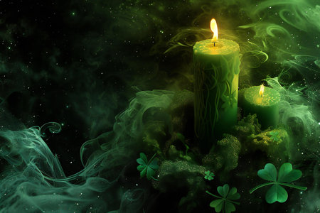 illustration of green candle with four leaf clovers and smokeの素材