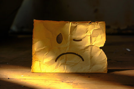 Sad face on crumpled paper. Sadness and depression concept.の素材