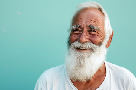 Portrait of an old man with white beard on a blue backgroundの素材