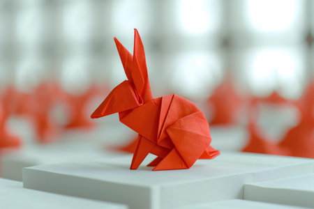 Paper origami rabbit on white background with bokeh effect.の素材