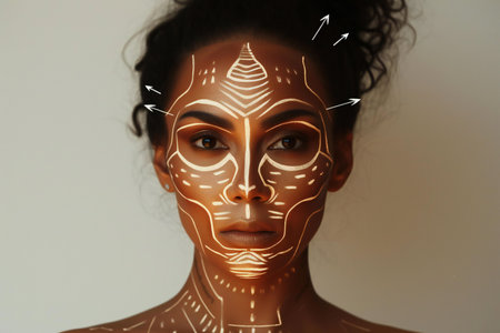 Portrait of young beautiful woman with glowing face art. Skin care conceptの素材