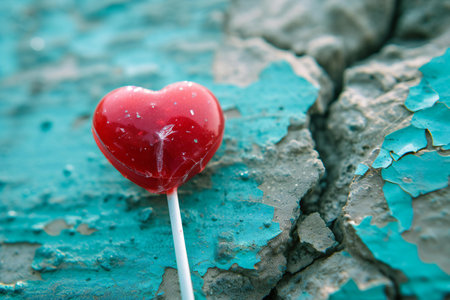 Red heart shaped lollipop on a blue background, close-upの素材