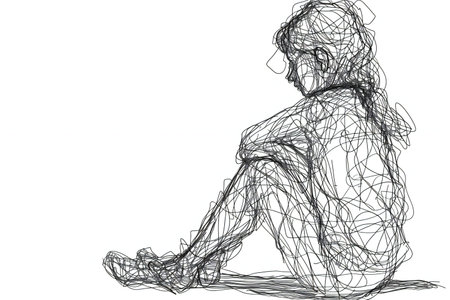 Silhouette of a woman sitting on the floor.の素材