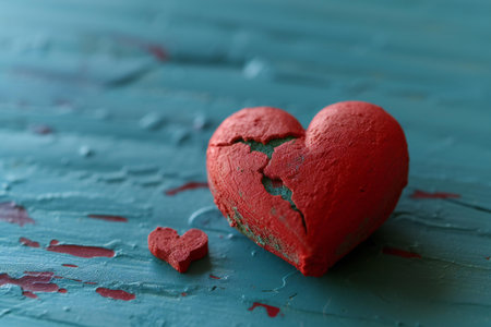 Broken heart on color wooden background, closeup. Valentine's day conceptの素材