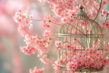 Cherry blossom and birdcage with soft focus background.の素材