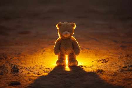 Teddy bear on the sand at sunset. Selective focus.の素材