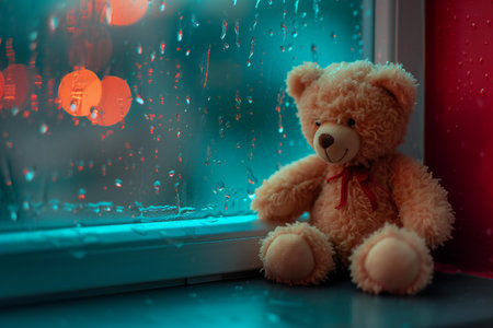 Teddy bear sitting on the windowsill with rain drops on a rainy dayの素材