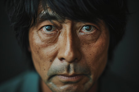 Portrait of an old Asian man looking at the camera with serious expressionの素材