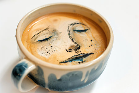 Cup of coffee with a drawing of a woman's face.の素材