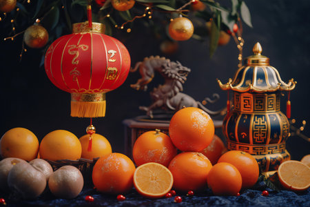 Oranges and Chinese lanterns on dark background. New Year and Christmas concept.の素材