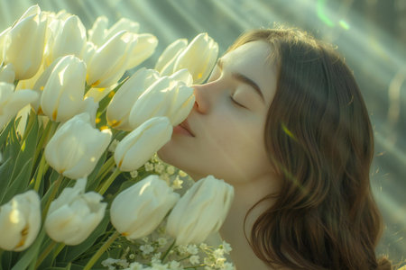 Beautiful girl with tulips in the rays of the sun.の素材
