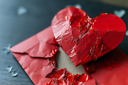 Red paper heart on a wooden background. Valentine's day concept.の素材