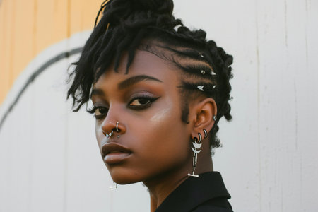 Beautiful african american woman with dreadlocks hairstyle and makeup. Portrait of fashion model.の素材