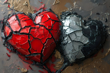Two black and red hearts on a textured background. Valentine's Dayの素材