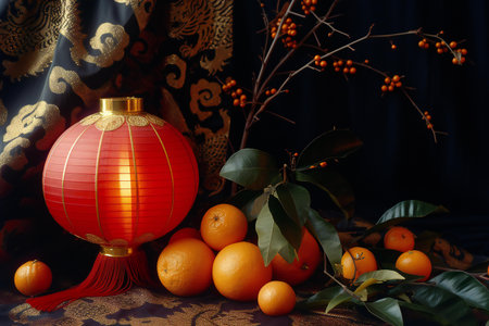 Chinese New Year decoration with oranges and red lantern on black background.の素材