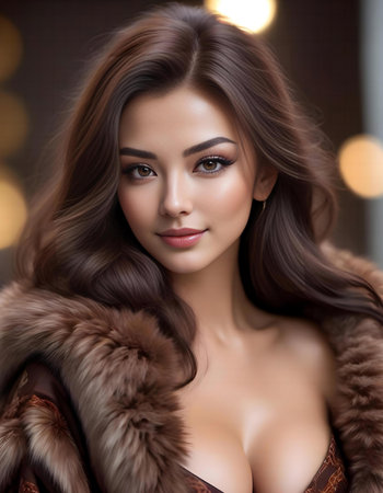 Portrait of a beautiful brunette woman in a fur coat. Beauty, fashion.の素材
