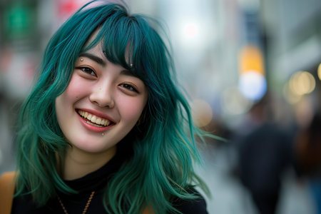 Beautiful young asian woman with green hair in the city.の素材