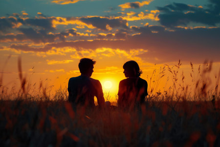 silhouette of a young couple sitting on the grass at sunsetの素材