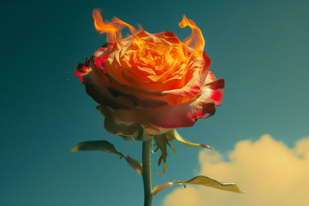 Beautiful red rose with fire on a blue background. Close-up.の素材
