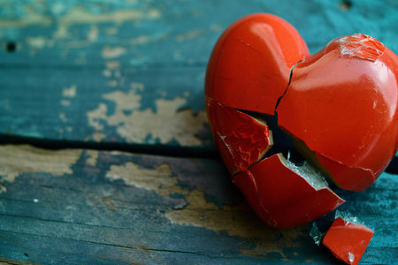 Broken heart on a blue wooden background. Valentines day conceptの素材