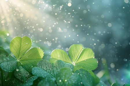 Green clover leaves with water drops on bokeh background.の素材