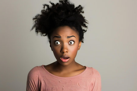 Portrait of young african american woman with shocked facial expressionの素材