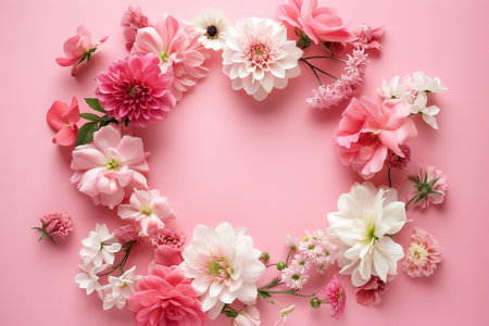 Frame made of beautiful flowers on color background, top view. Space for textの素材