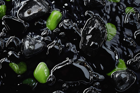 Black stones with green leaves on water surface, top view. Natural backgroundの素材