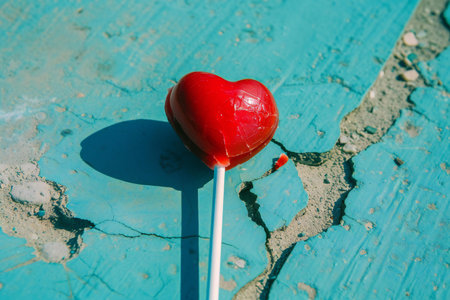 Red heart lollipop on blue wooden background. Valentine's day concept.の素材