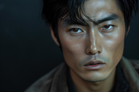 Portrait of a young handsome asian man. Dark background.の素材