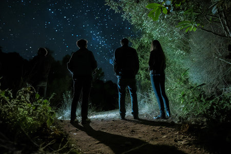 Silhouette of group of friends looking at night starry sky.の素材