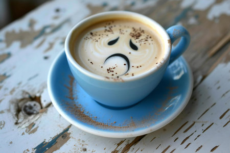 Coffee cup with sad face on wooden table, closeupの素材