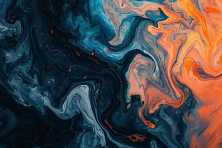 Marbled blue and orange abstract background. Liquid marble ink pattern.の素材