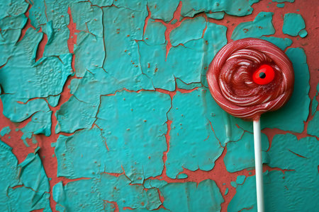 Red lollipop on a blue background with peeling paint.の素材