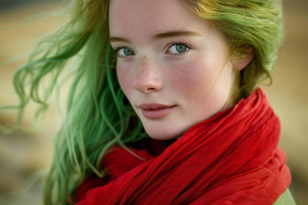 Portrait of a beautiful young girl with green hair and red scarfの素材
