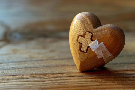 Wooden heart and a bandage on a wooden background. The concept of the end of life.の素材