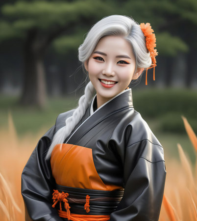 Illustration of a Japanese geisha in a rice fieldの素材