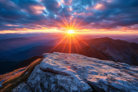 Majestic sunset in the mountains landscape. Dramatic sky. Carpathian, Ukraine, Europe. Beauty world.の素材