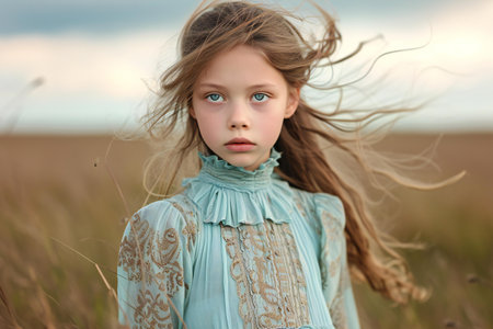 Portrait of a little girl with long hair in the field.の素材
