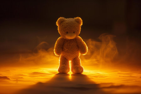 Teddy bear on a dark background with a lot of smoke.の素材