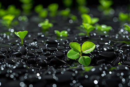 Green plant growing on black pebbles with water drops, closeupの素材