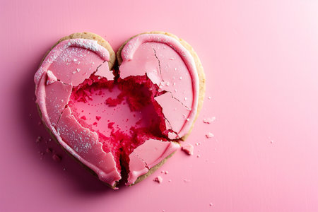 Broken heart-shaped cookie on a pink background. Valentines day conceptの素材