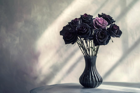 Dark purple roses in a vase on a table against a white wall.の素材