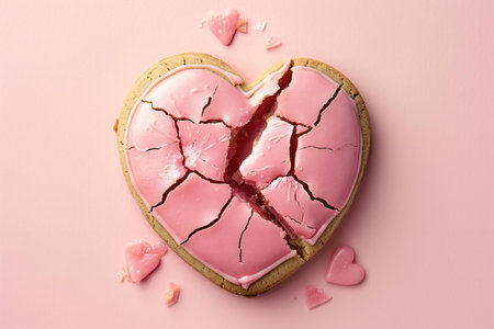 Broken heart cookie on pink background, top view. Valentine's day conceptの素材