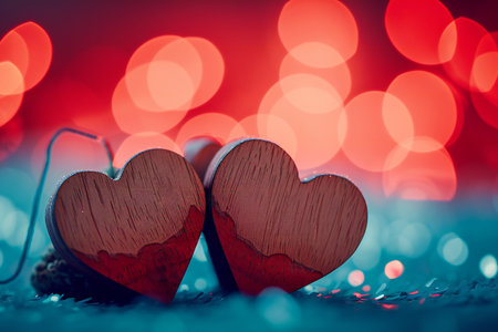 Two wooden hearts on bokeh background. Valentine's day concept.の素材