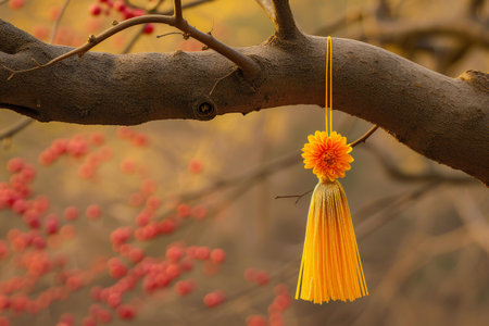 Yellow chrysanthemum flower hanging on a tree branch.の素材